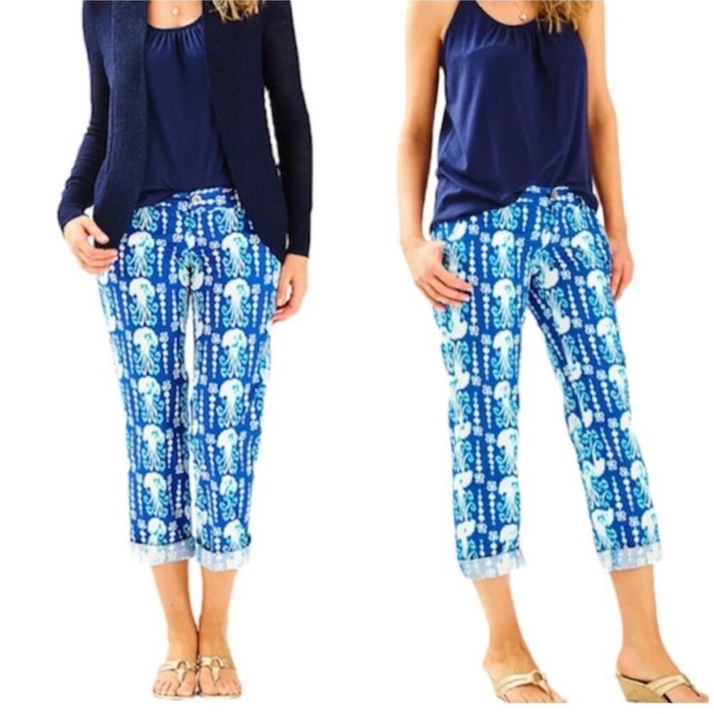 NWT LILLY PULITZER Cocoanut Walk Get in Line Blue‎ White Crop Pants Sz. 0